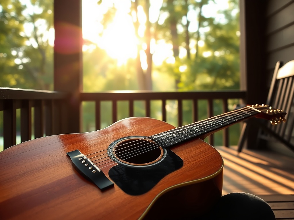 A singer-songwriter's guitar on a porch, with sun streaming through the trees