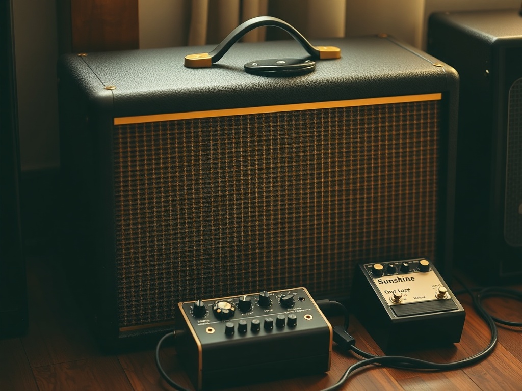 A vintage Fender amp with a small pedalboard, with the riff 'Sunshine of Your Love' faintly playing