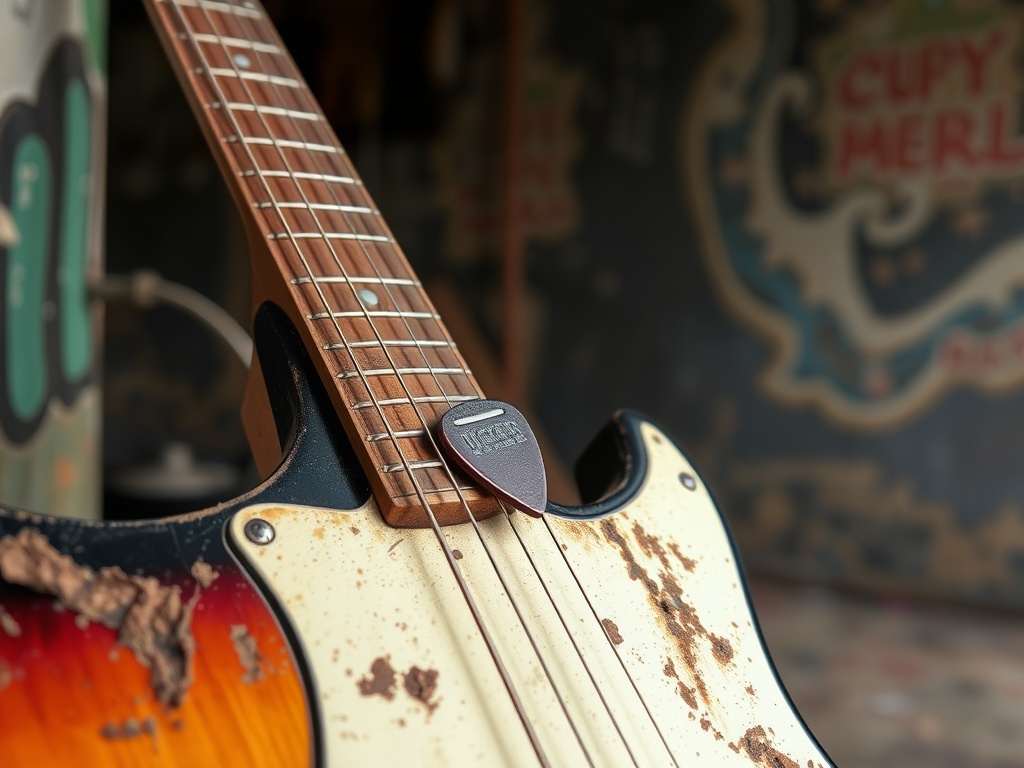 A weathered guitar with worn frets, a pick in hand, against the backdrop of a grungy stage