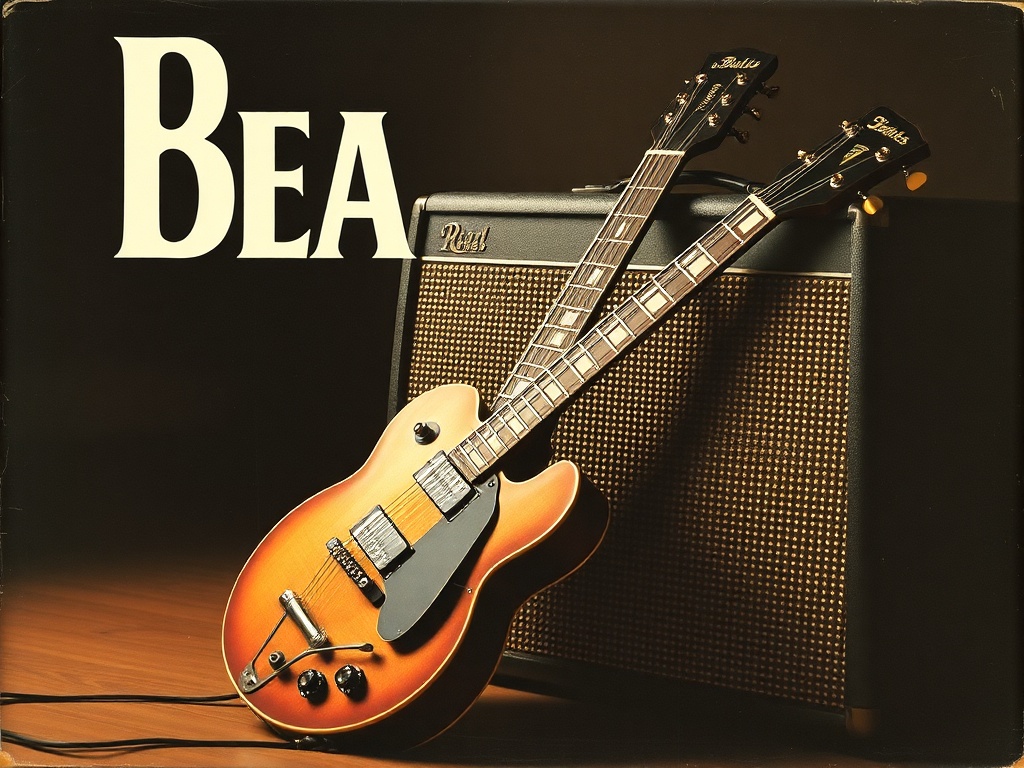 An old Beatles album cover, guitar leaning against a speaker with the riff echoing in the background