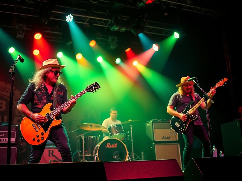 An old school Southern rock band playing on stage, the riff in the background