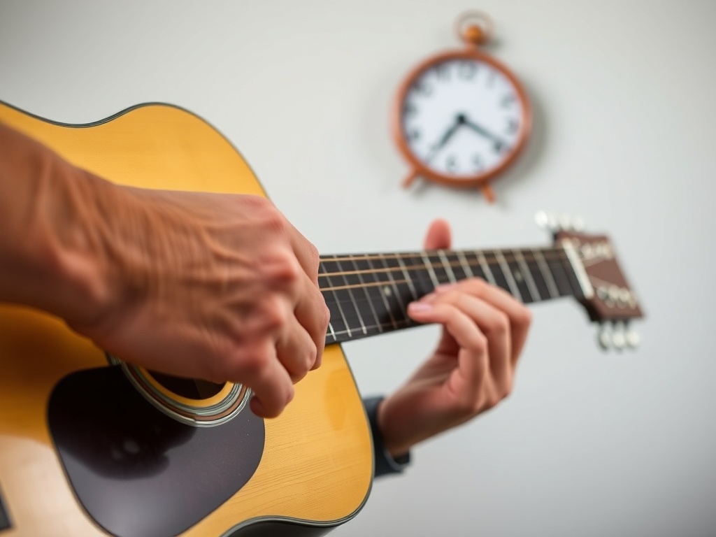 Clock and guitar with hands practicing focused 15-minute session