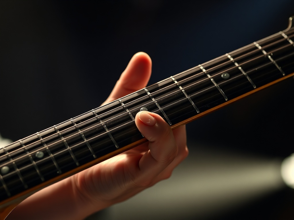 Close-up of a worn guitar neck with hands forming chords, dramatic stage lighting