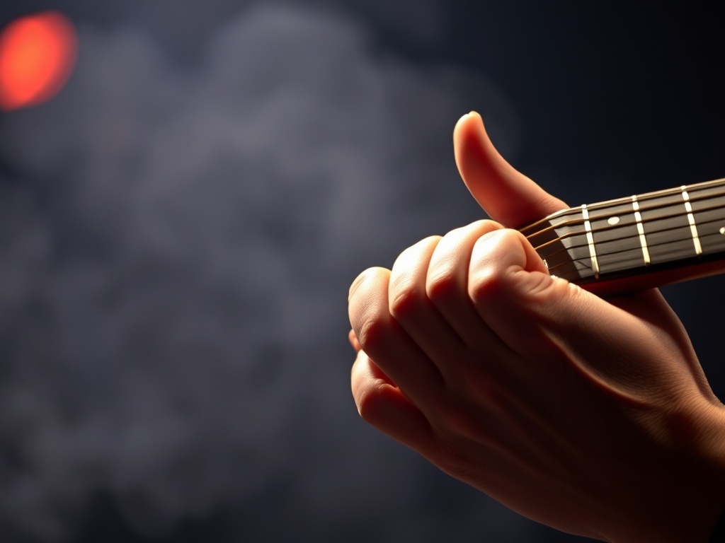 Close-up of right-hand palm muting on guitar bridge, smoky stage vibe