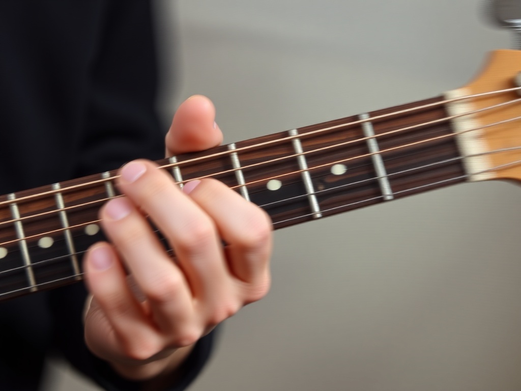 Fingers moving fast between G, C, D chords, motion blur