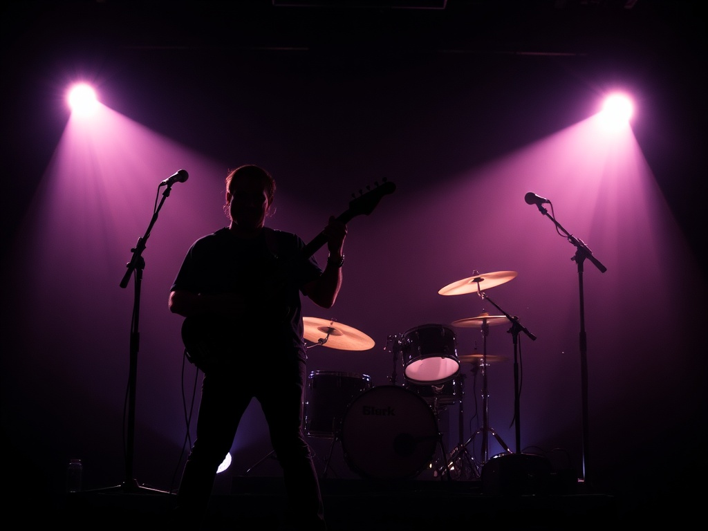 Guitar and drum kit silhouetted against stage lights, syncing rhythm