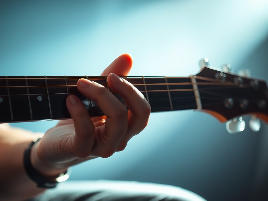 Guitar strings being lightly muted for ghost notes, dynamic lighting