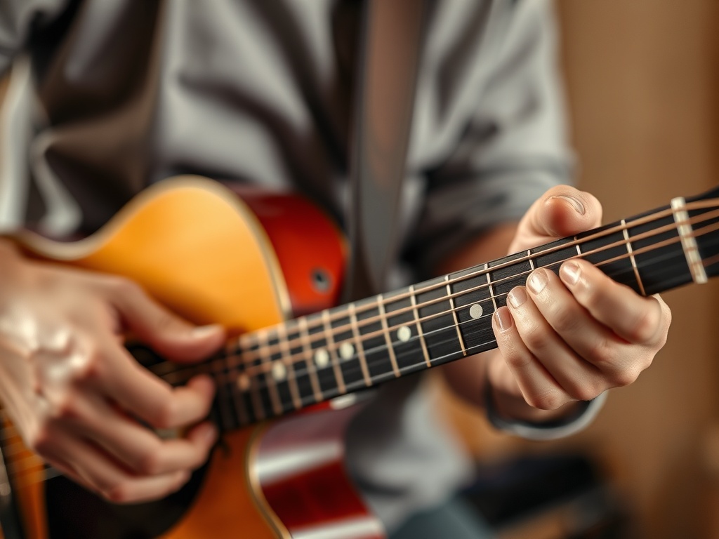Guitarist strumming with right hand highlighted, motion blur effect