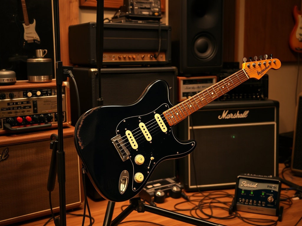 Used Squier guitar on stand with vintage pedals, gritty studio setting