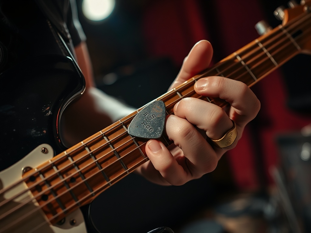 close-up of a guitarist's picking hand striking strings with worn pick, dramatic lighting, gritty rehearsal room