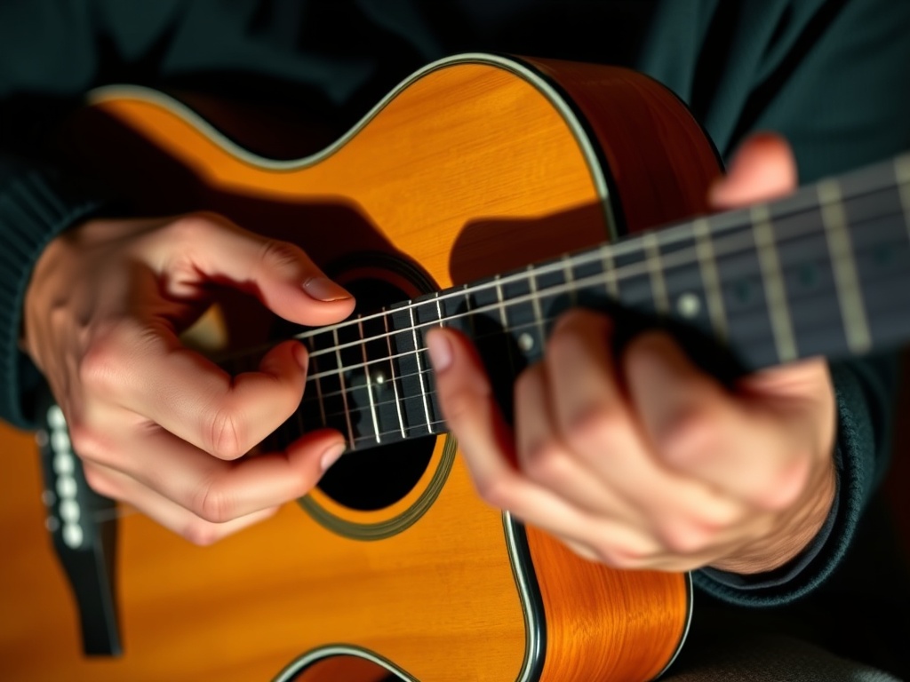 close-up of guitarist switching chords precisely while strumming, focus on both hands coordination