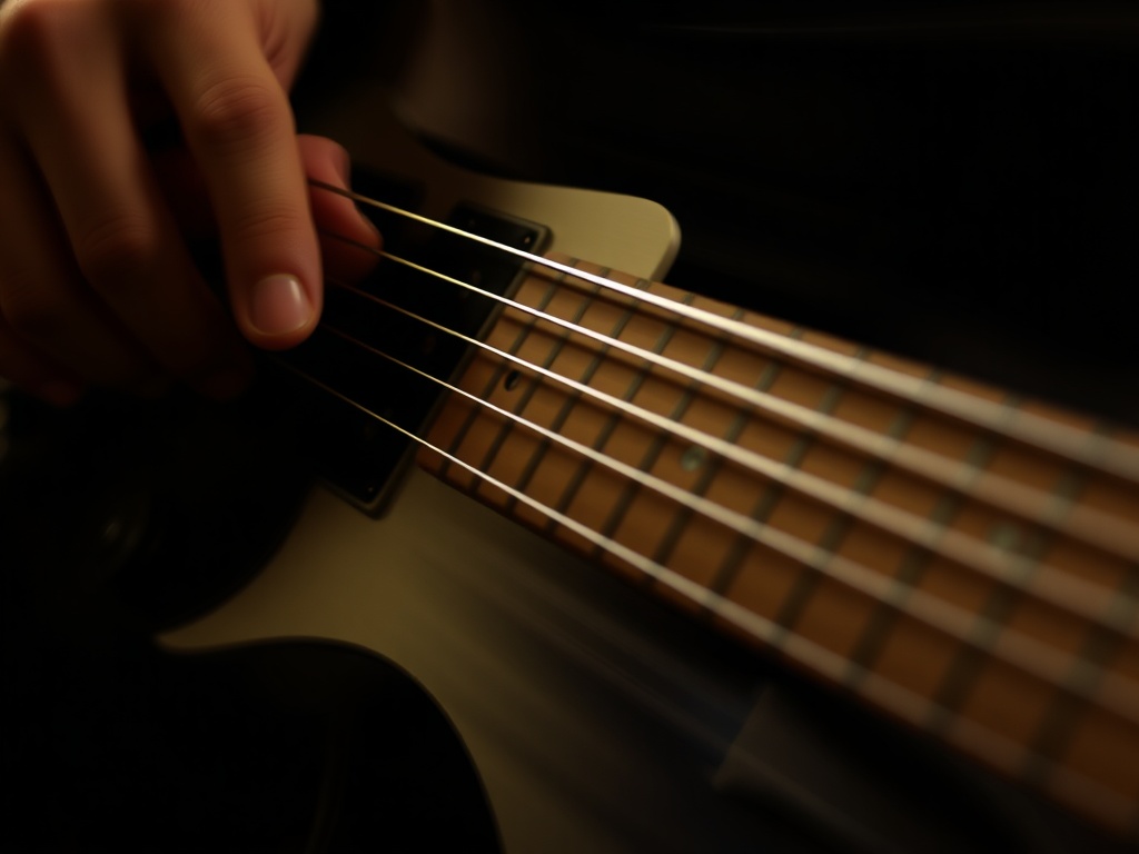 electric guitar strings muted with left hand while right hand strums rhythmically, motion blur on pick