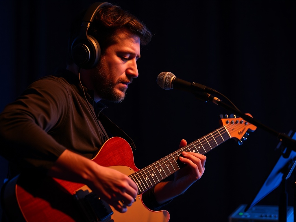 guitarist playing along to music in headphones, dim room, focused expression