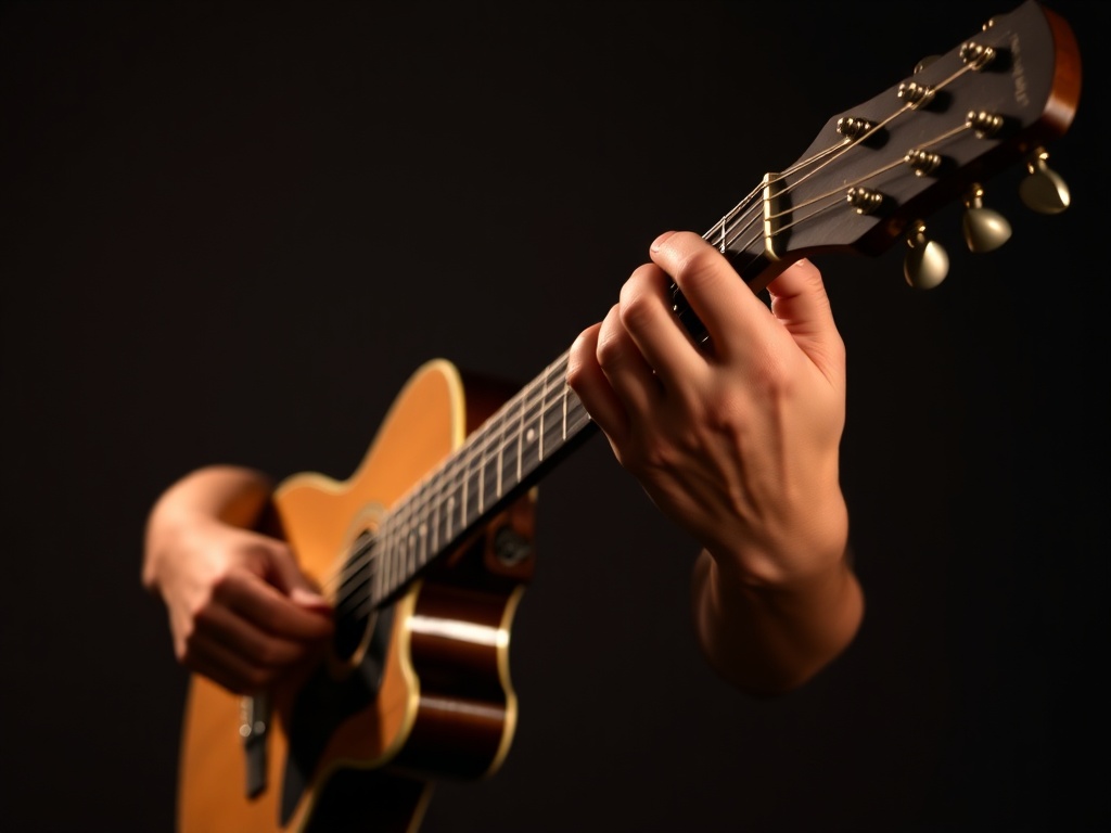 guitarist practicing strumming motion in mid-air without touching strings, relaxed wrist, dim studio lighting