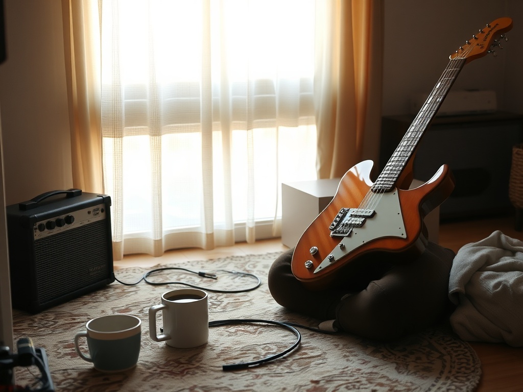 simple home practice setup with electric guitar, small amp, and coffee on floor, cozy lighting