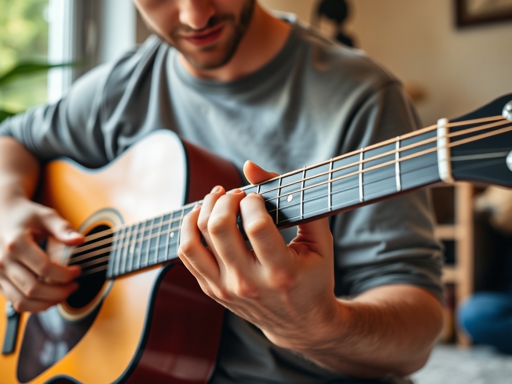 acoustic guitar chord progression practice, relaxed home setting, natural light, hands switching chords