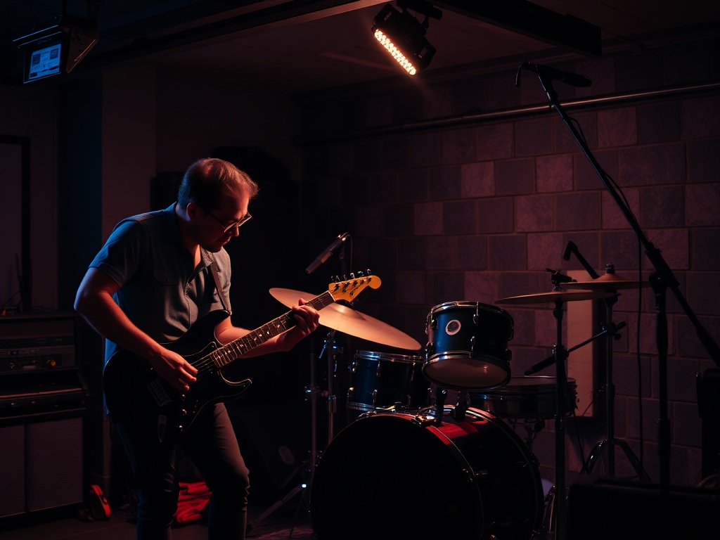 band rehearsal scene, guitarist and drummer locking in rhythm together, dim garage lighting