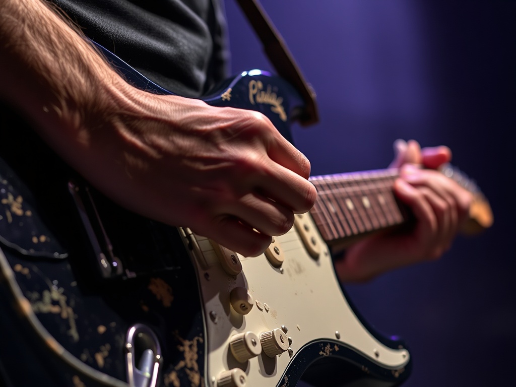 close-up of a worn electric guitar being strummed, visible pick attack, gritty stage lighting, musician's hand in motion