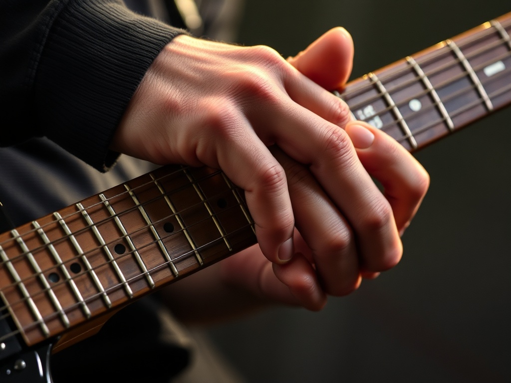 electric guitar palm muting technique close-up, hand resting on bridge, gritty rock tone vibe