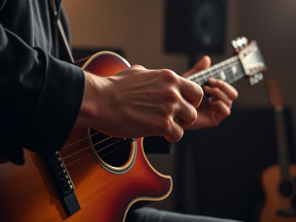 guitarist practicing muted strumming with relaxed wrist, close-up on picking hand, dim rehearsal room