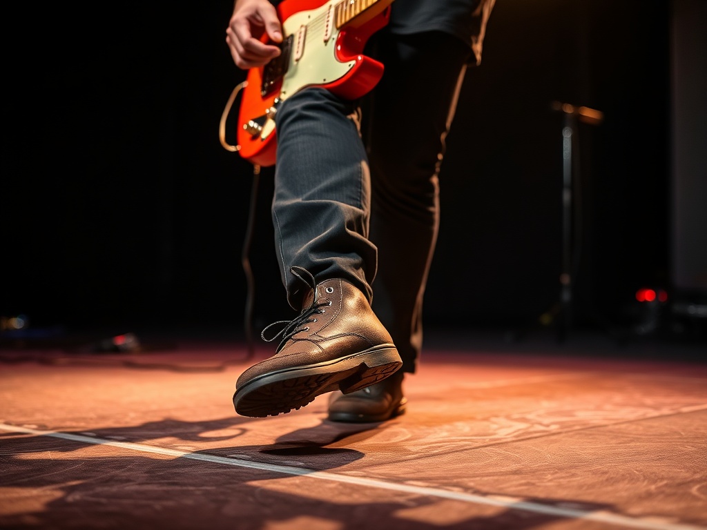 guitarist tapping foot while playing, focus on foot and guitar body, stage lighting