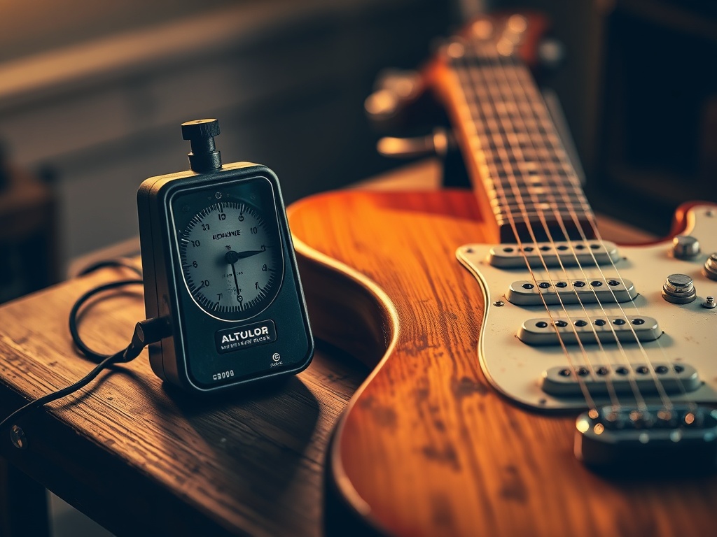 metronome on a wooden table next to a beat-up guitar, warm lighting, practice setup