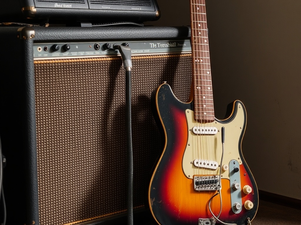 worn guitar leaning against amp, duct tape on cable, gritty rehearsal vibe