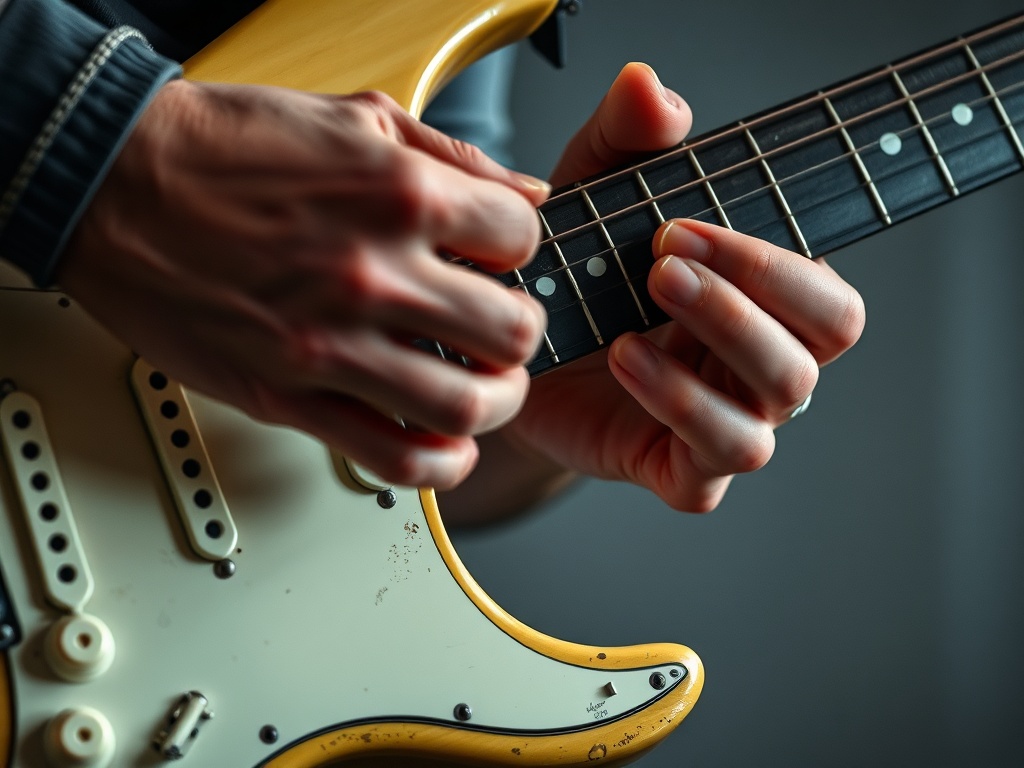 close-up of a guitarist's right hand plucking strings with precision on a worn electric guitar
