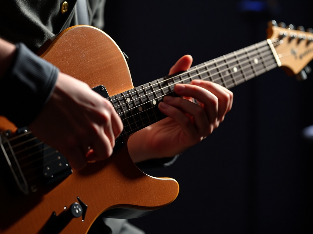 close-up of guitarist adding hammer-ons and pull-offs to rhythm pattern