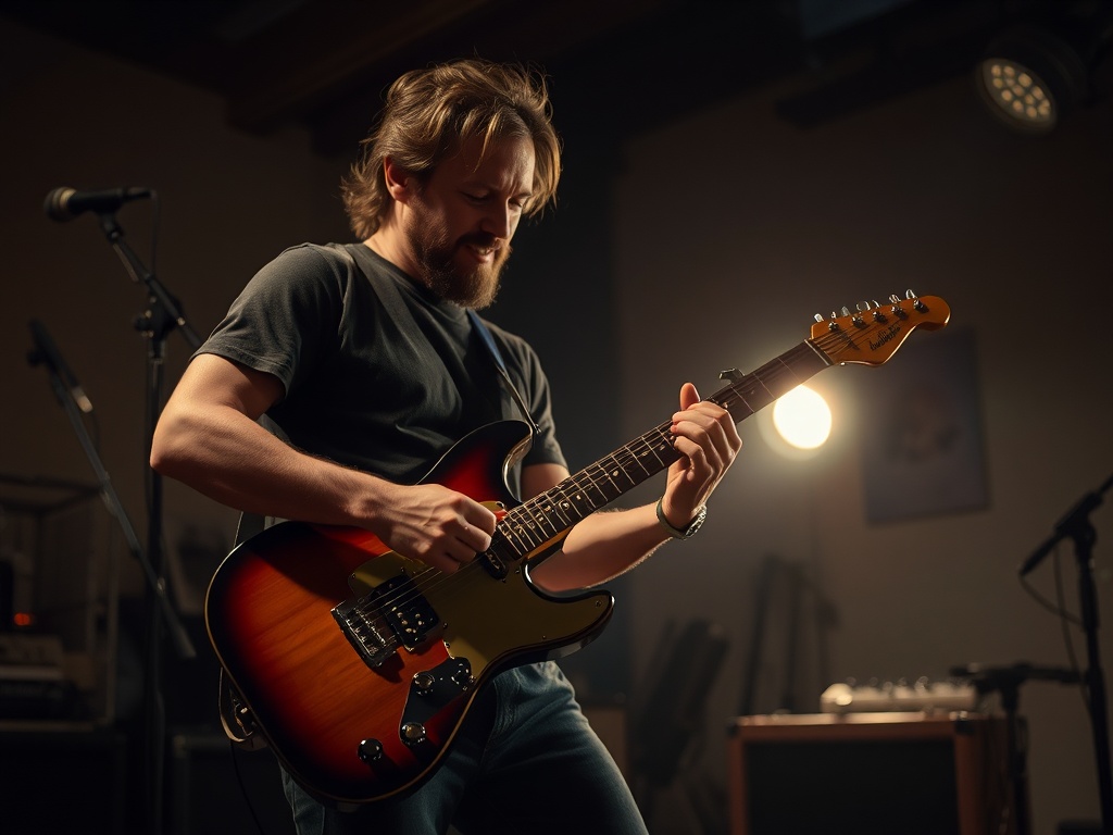 dynamic shot of guitarist strumming energetically with rhythm precision in a dimly lit practice space