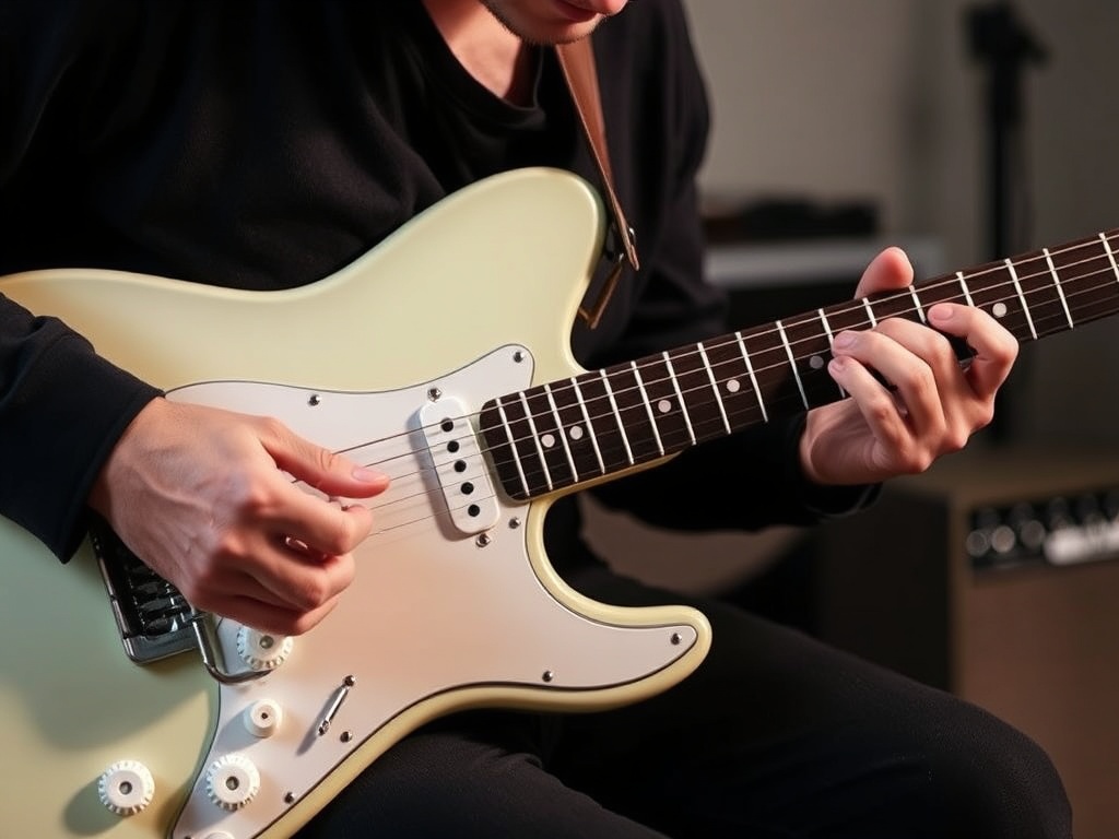 guitarist practicing a three-chord blues riff on a budget electric guitar