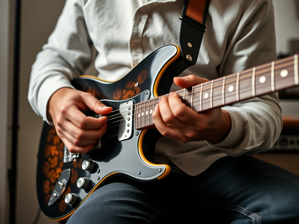 guitarist practicing timing with a metronome on a vintage electric guitar