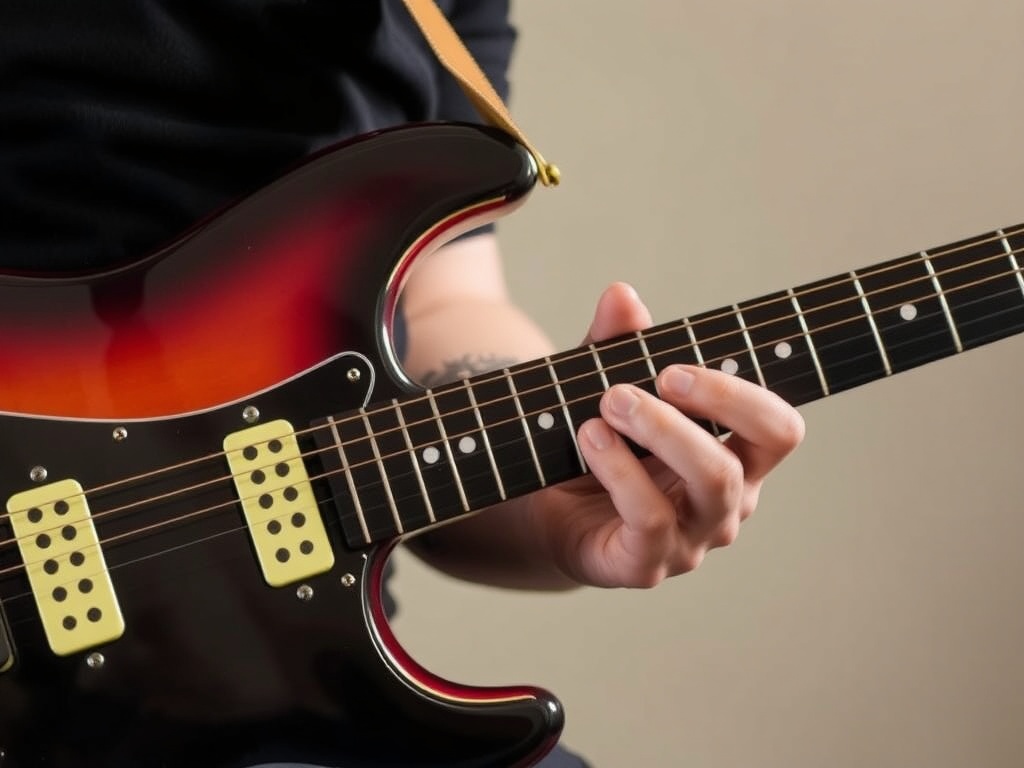 muted strumming exercise on a sunburst electric guitar with visible fretboard