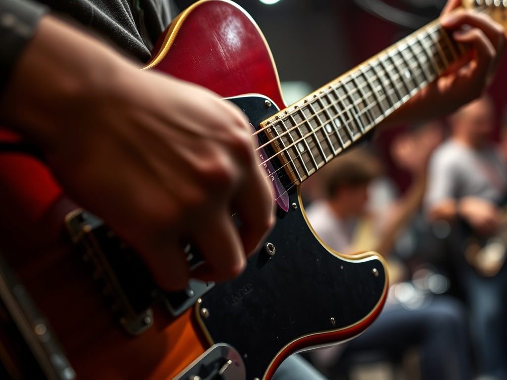 A close-up of a guitar pick hitting the strings of a vintage Fender Telecaster, with strong strumming motion captured mid-action. A hint of a band in the background showing the rhythmic energy of live performance.