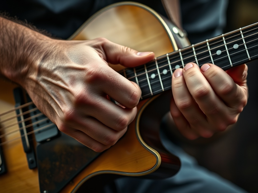 A gritty close-up of a guitarist's hands playing an acoustic guitar, showing strong rhythm strums with worn-down fretboard and thick calluses on fingers. The focus is on the technique, not just the instrument.