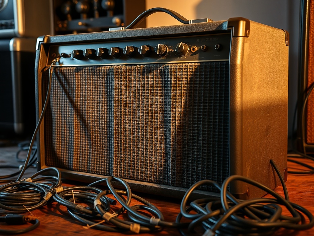 A rugged, vintage amp with frayed cables lying around, highlighting the gritty tone of a working guitarist's setup. The amplifier is warm under low light, exuding a lived-in vibe.