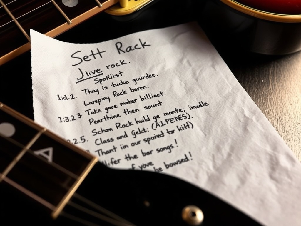 A setlist scribbled on a napkin with a guitar resting nearby, showing a raw, live vibe. The song titles on the list reflect classic rock rhythms and bar songs.