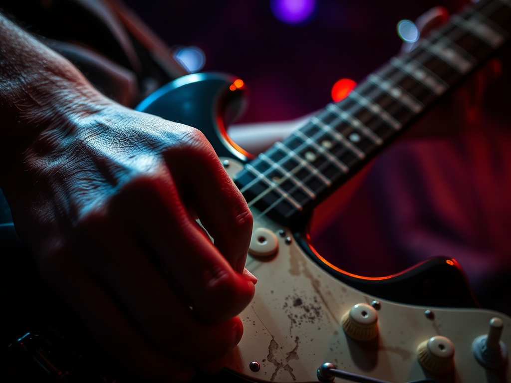 close-up of a guitarist's picking hand over worn electric guitar strings, dramatic lighting, gritty bar stage atmosphere