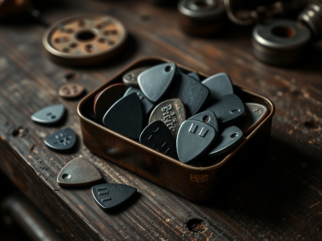 collection of thick guitar picks in an old metal tin on a worn wooden workbench, moody lighting