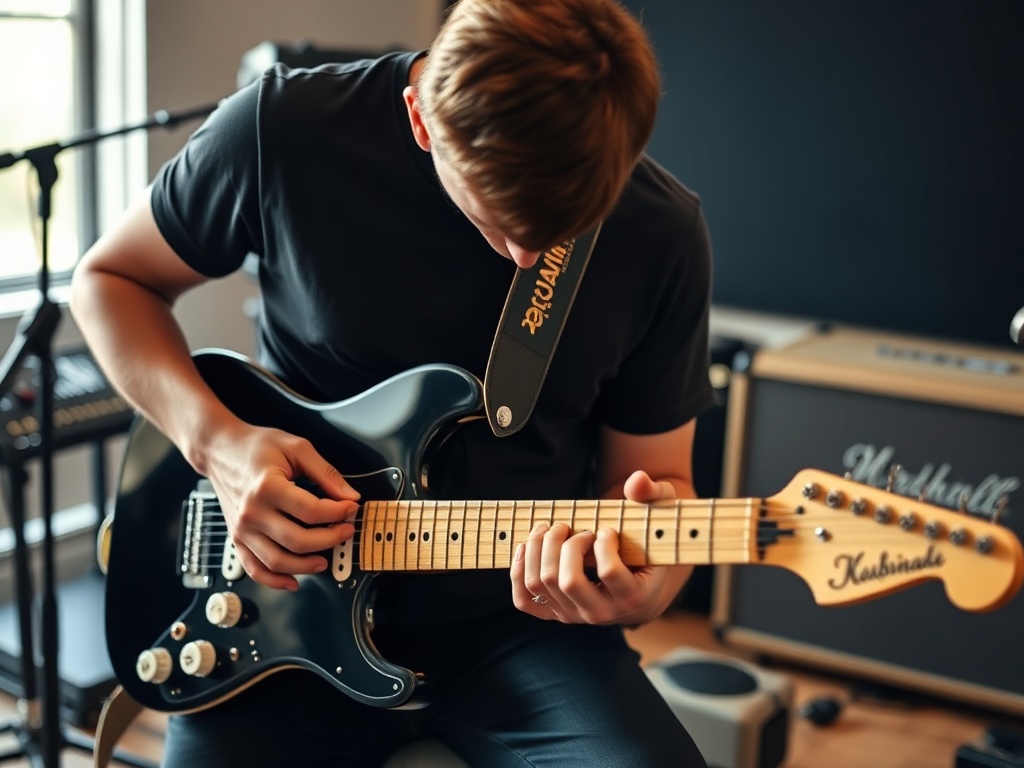 electric guitar player relaxing wrist while strumming, natural motion, rehearsal room setting