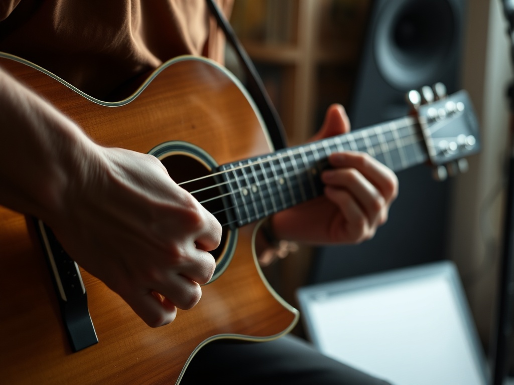 guitarist practicing muted strumming technique, close-up of hands, soft home studio lighting