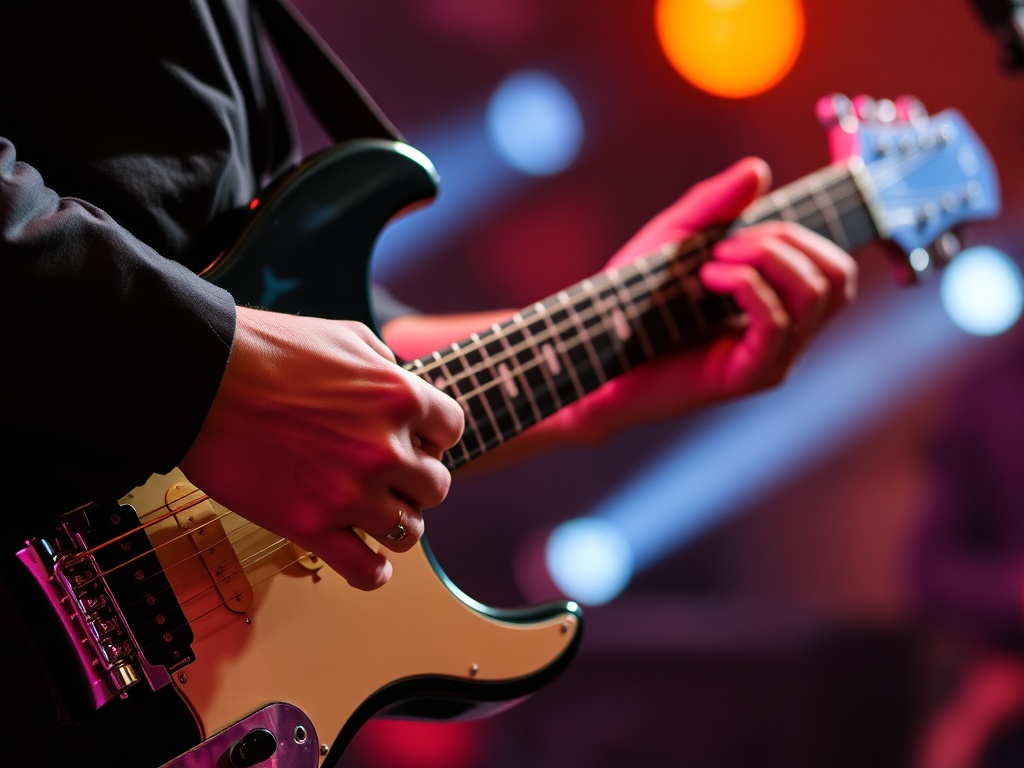 guitarist strumming in steady rhythmic motion, blurred hand showing continuous movement, live performance vibe