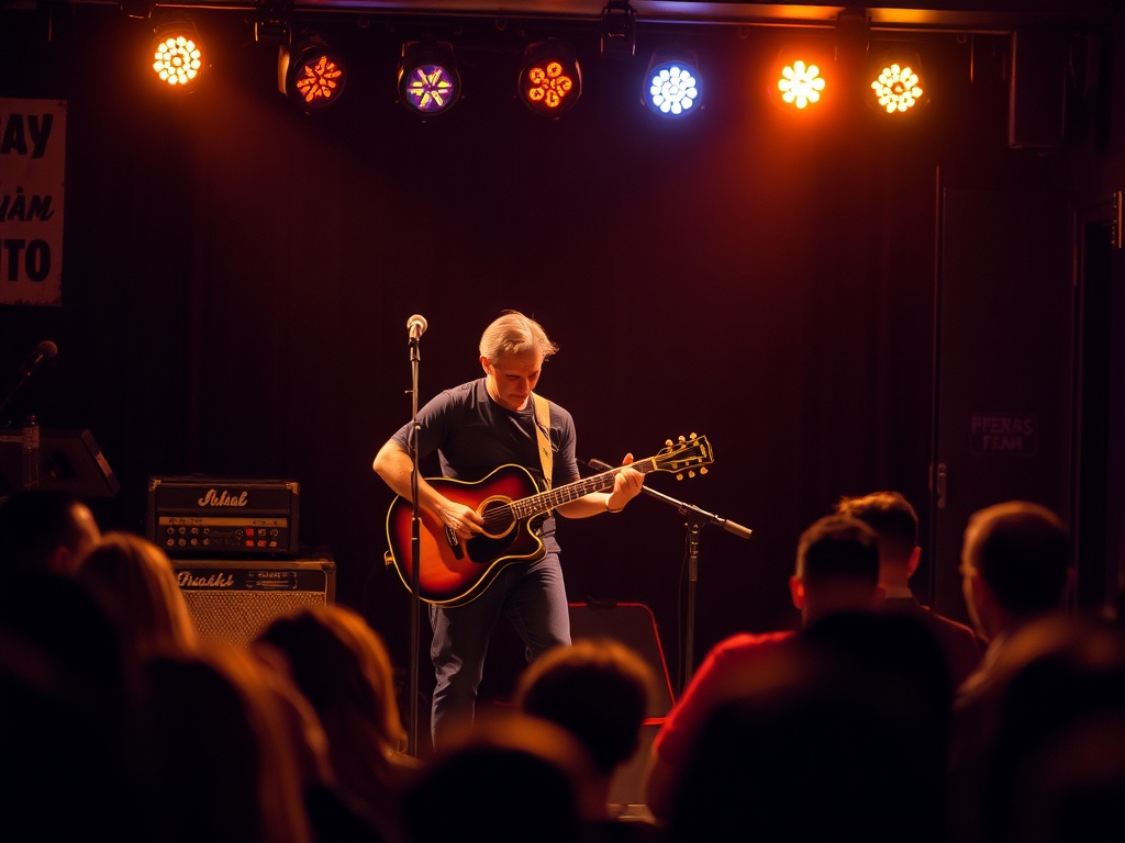 small bar stage with guitarist playing rhythm confidently, warm amber lighting, audience blurred