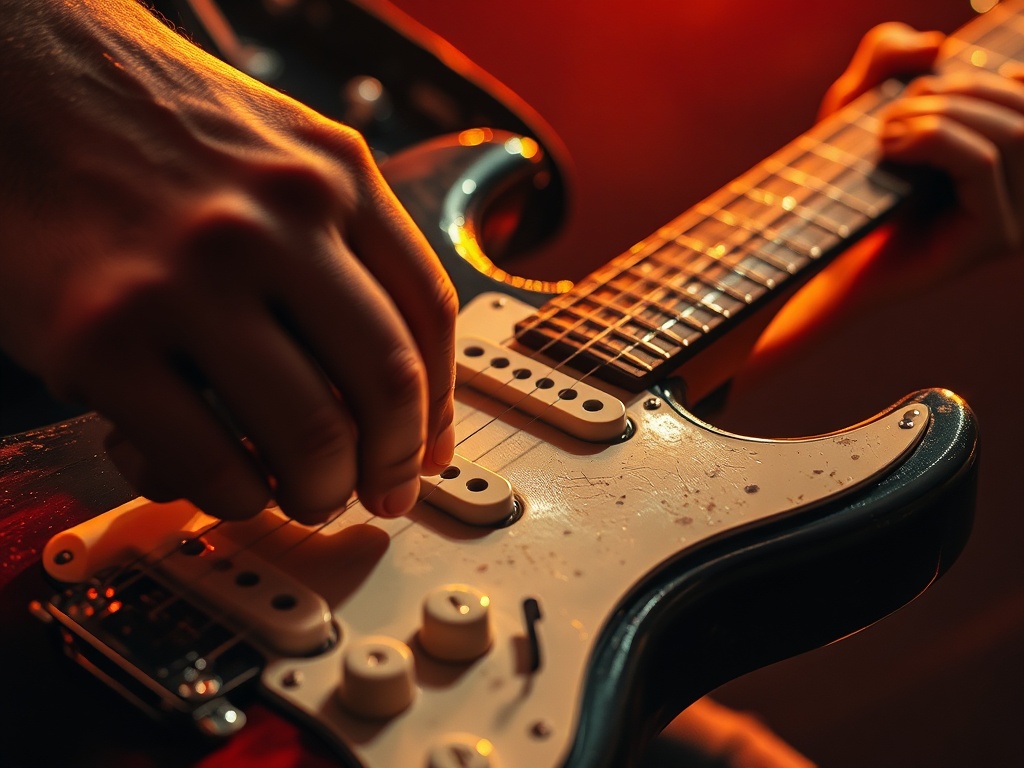 close-up of a worn electric guitar with a player's picking hand hovering over the strings under warm stage lighting, gritty and realistic