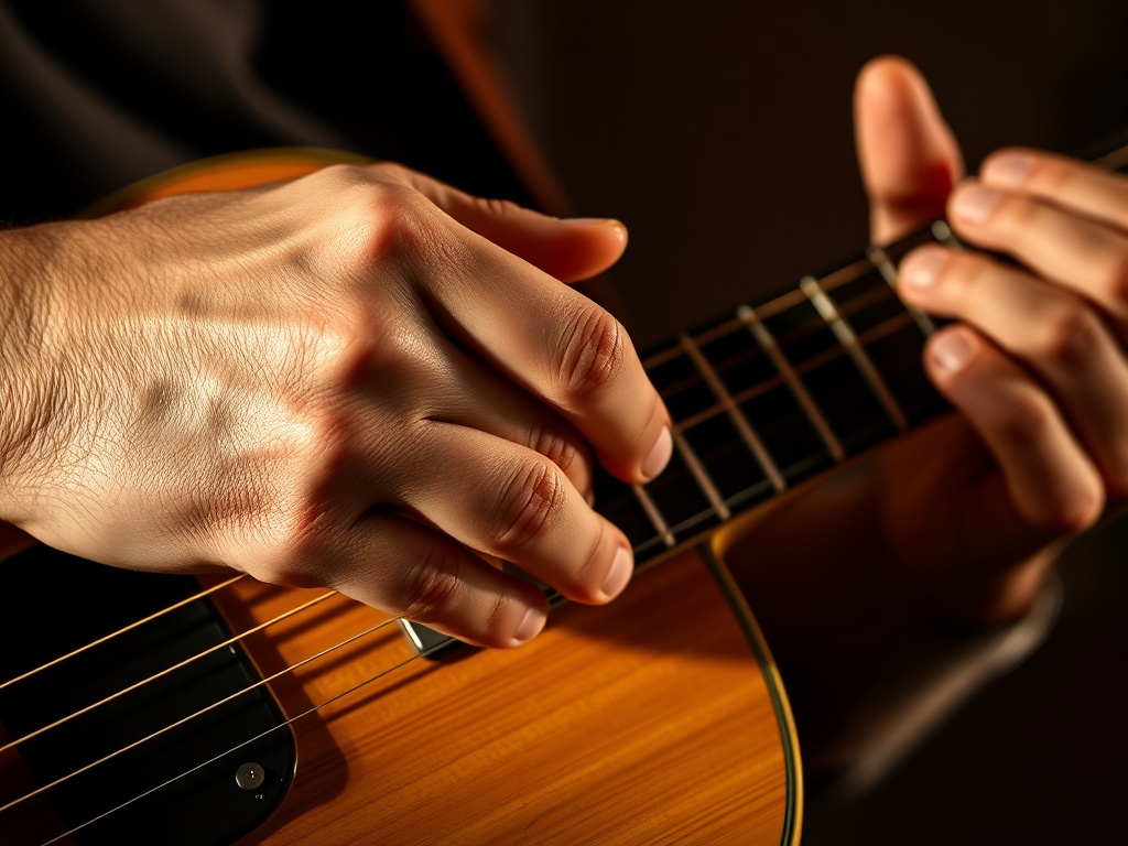 close-up of guitarist adjusting grip on a pick, relaxed hand posture, warm ambient light highlighting texture of strings and wood