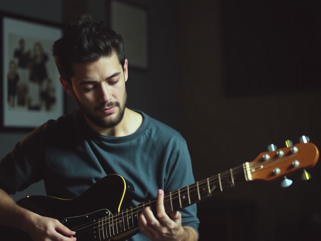 guitarist practicing alone in a dim room, focused expression, right hand blurred slightly in motion, emphasizing rhythm and timing