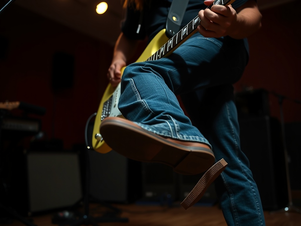 guitarist tapping foot while strumming steadily, worn jeans, dim rehearsal space, emphasis on rhythm and groove
