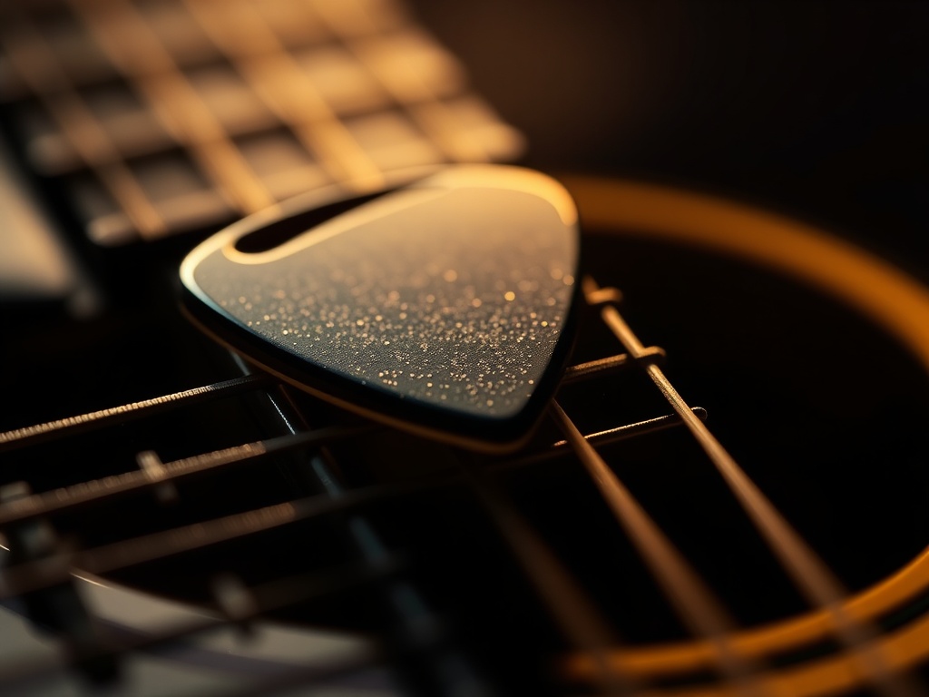 macro shot of guitar pick striking strings mid-strum, strings vibrating, dramatic lighting showing motion and texture