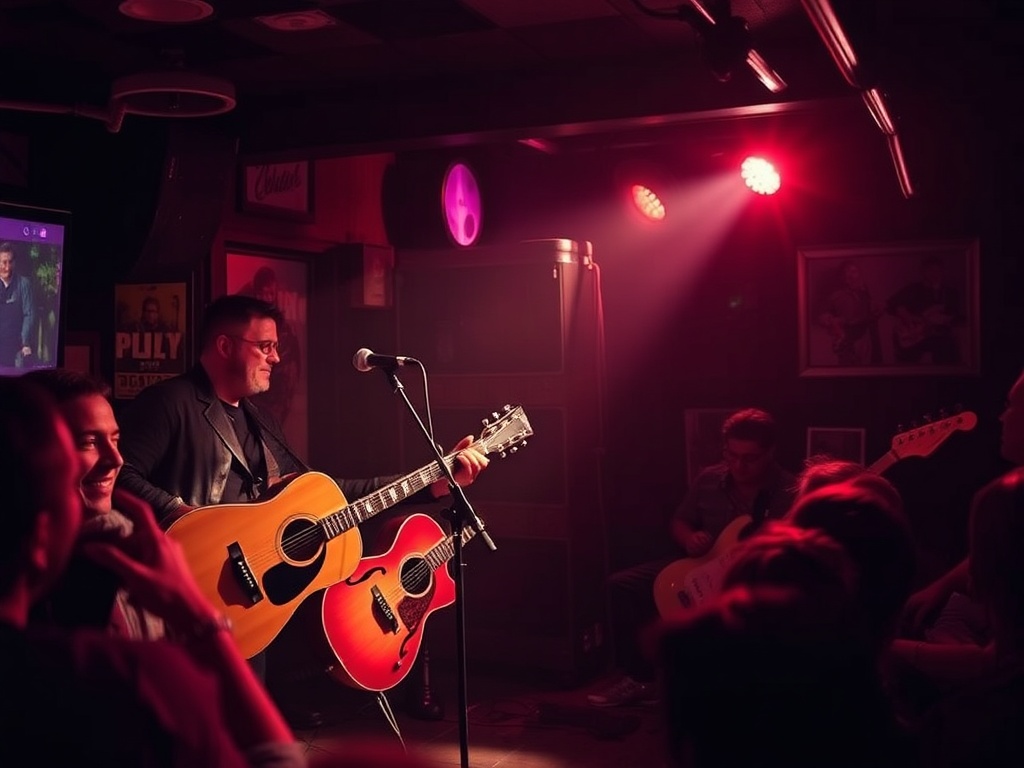 small live bar stage with guitarist playing rhythm confidently, warm lighting, intimate crowd, gritty atmosphere