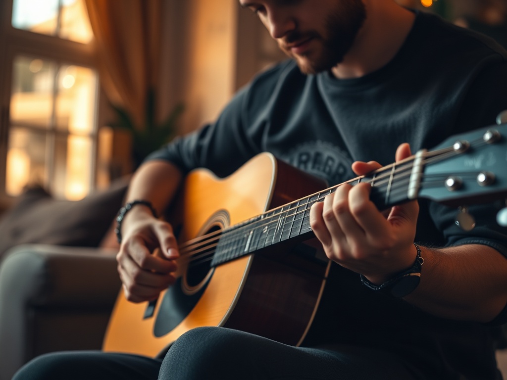 acoustic guitarist playing simple chords with tight rhythm, cozy living room, warm light